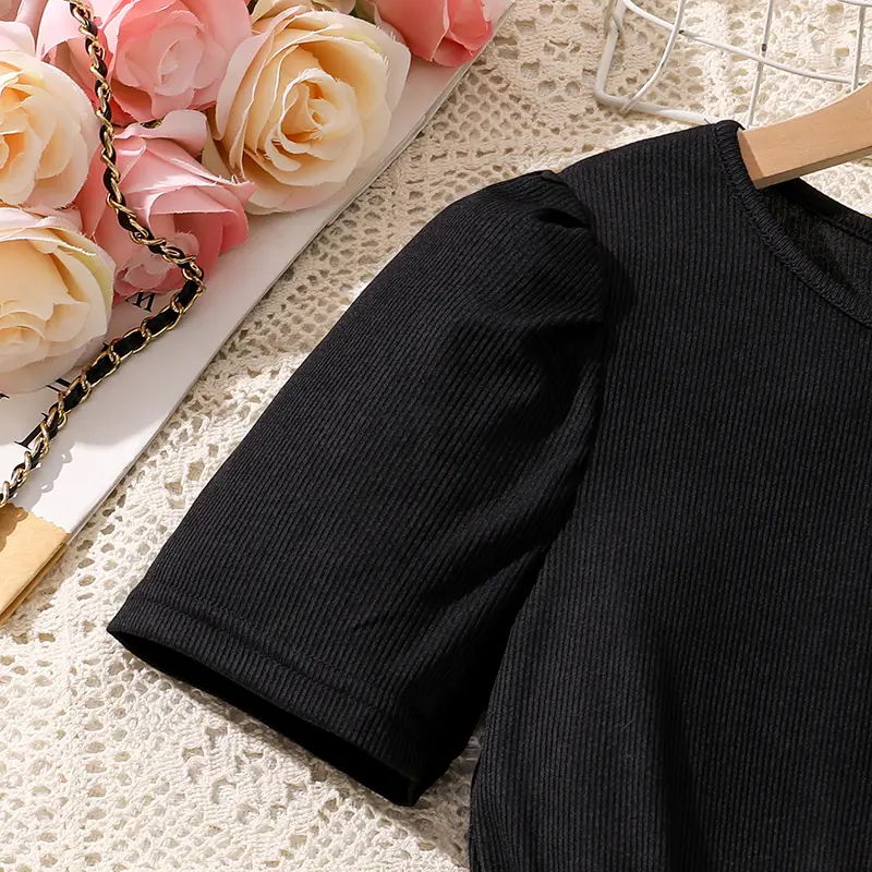 Korean Fashion Summer Children's Dress Black Short-Sleeved Floral Dress With Belt Comfortable Decent Dress For Party Or Vacation