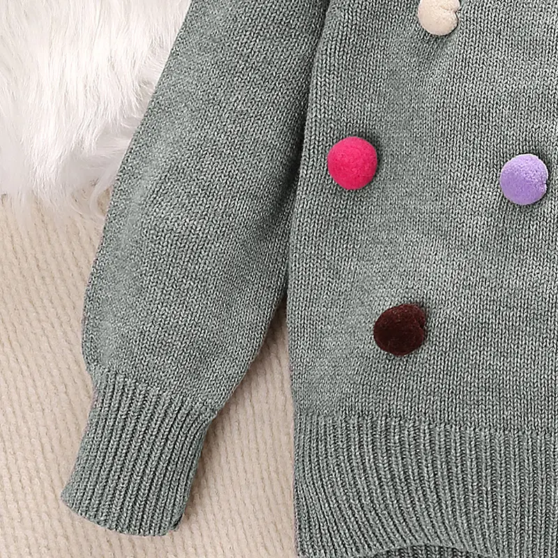 Winter Little Girl's Grey Sweater with Peter Pan Collar And Colorful Pompoms Sweetly Casual Everyday Fashion for Kids