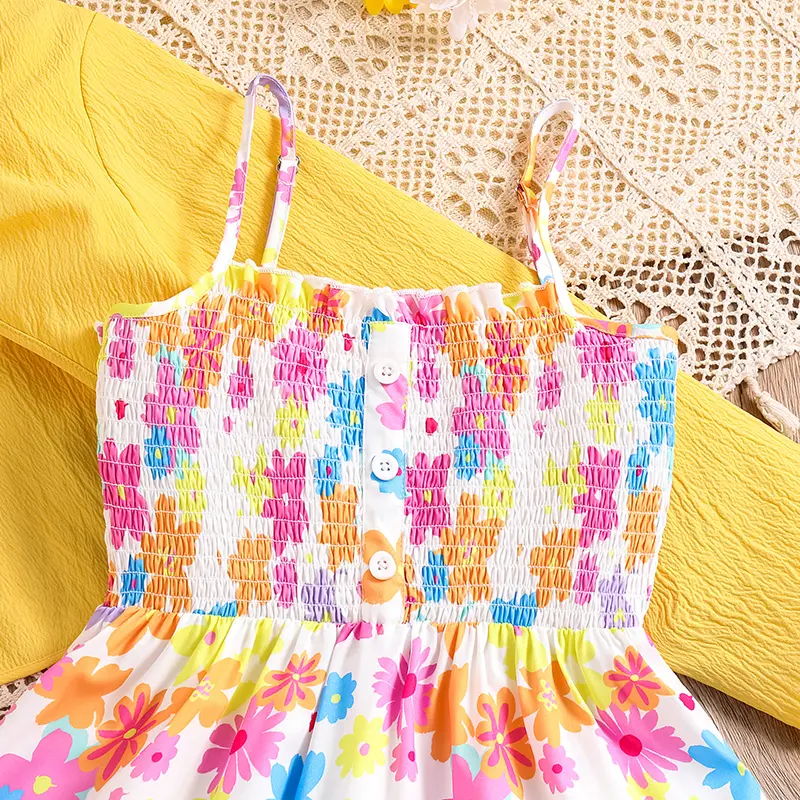 Girl's DressSpring/Autumn KitElegant Yellow Long Sleeve Little CoatSweet Floral Printed Slip DressFashion Holiday 8-12 Years Old