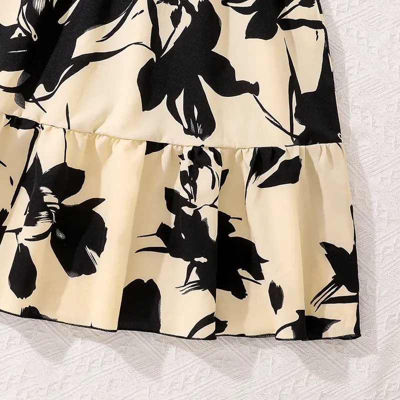 Korean Fashion Summer Children's Dress Black Short-Sleeved Floral Dress With Belt Comfortable Decent Dress For Party Or Vacation