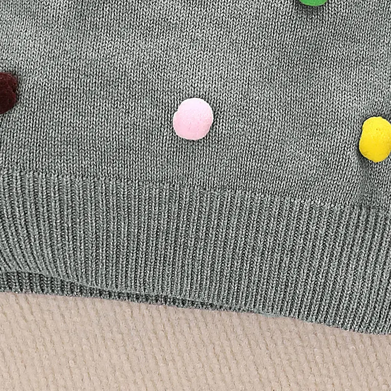 Winter Little Girl's Grey Sweater with Peter Pan Collar And Colorful Pompoms Sweetly Casual Everyday Fashion for Kids