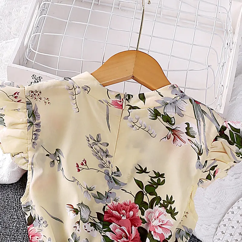 Girl's DressElegant Summer Ladylike Crew NeckFlutter Sleeves Belted Pleated Skirt at the hem Cute Resort