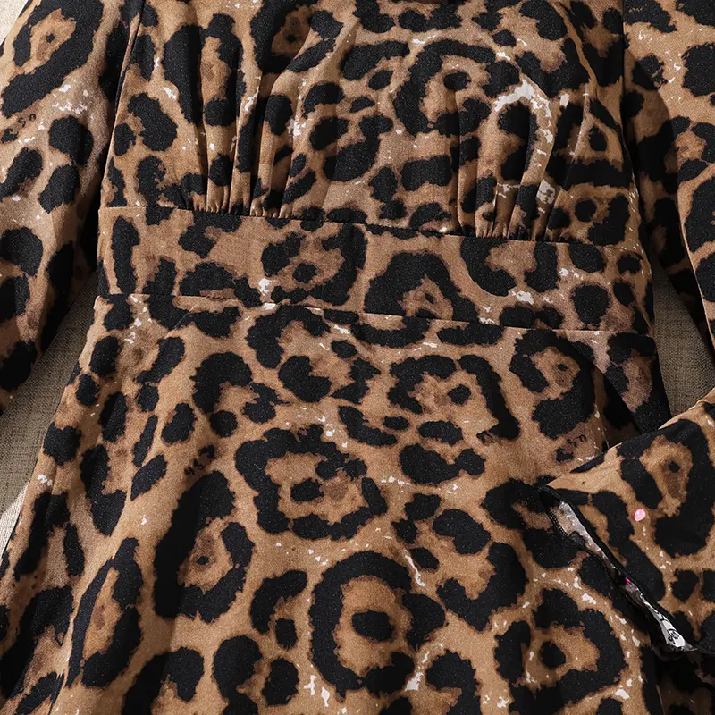 2025 Autumn Fashion New Girls Clothing Brown Leopard Print Square Collar Ling Sleeve A-Line Dress For Girls 8-12 Years Daily Set