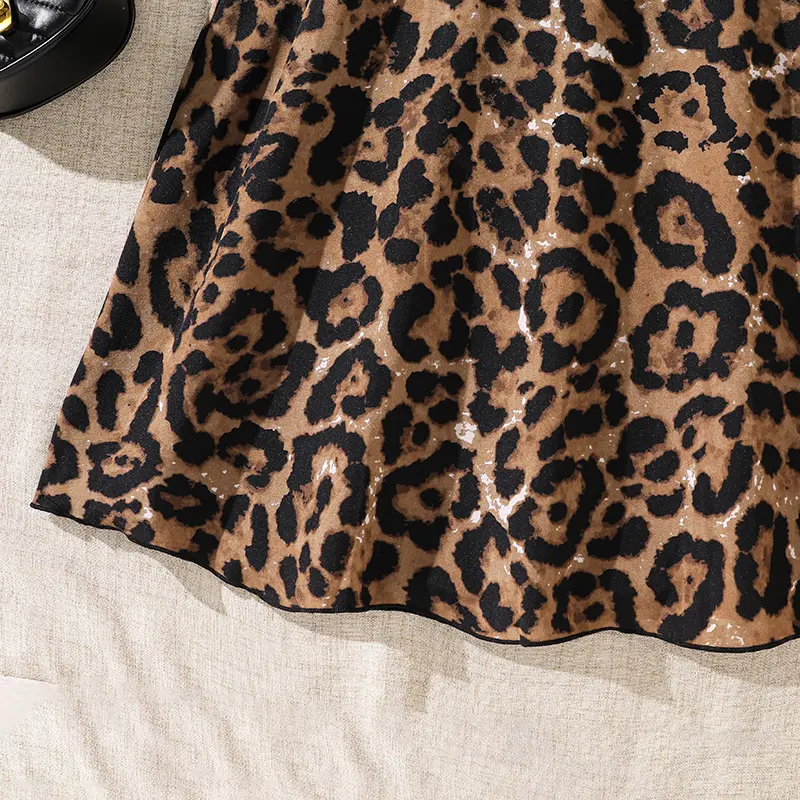 2025 Autumn Fashion New Girls Clothing Brown Leopard Print Square Collar Ling Sleeve A-Line Dress For Girls 8-12 Years Daily Set
