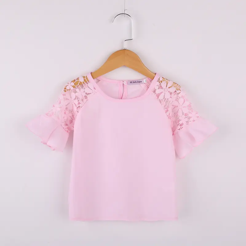 Summer Girl's Cute Peter Pan Collar Ruffle Short Sleeve Top with Cut-out Flowers Fresh Princess Style Children's Clothing