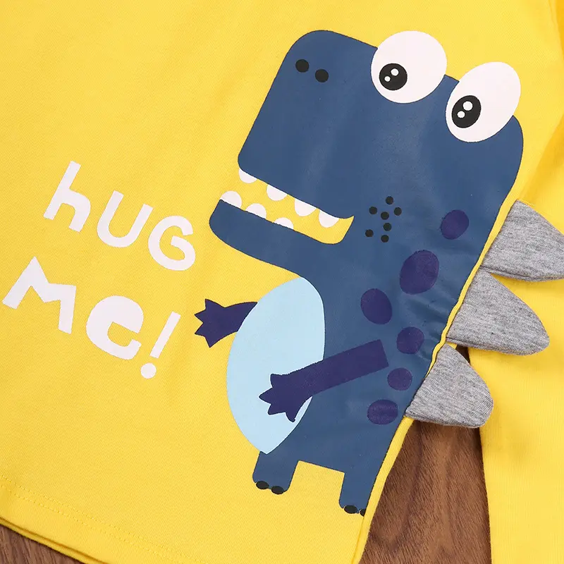 Unisex Playful Cartoon Little Dino Yellow Long Sleeve T-Shirt Spring-Fall Casual Cute Base Layer Top for Everyday Wear