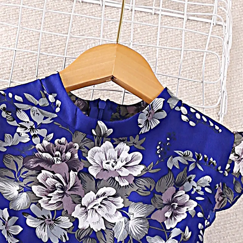 Children's Dress For Girls 5-12 Years Versatile Fashion Style Floral Print Fly-sleeve Pleated Dress