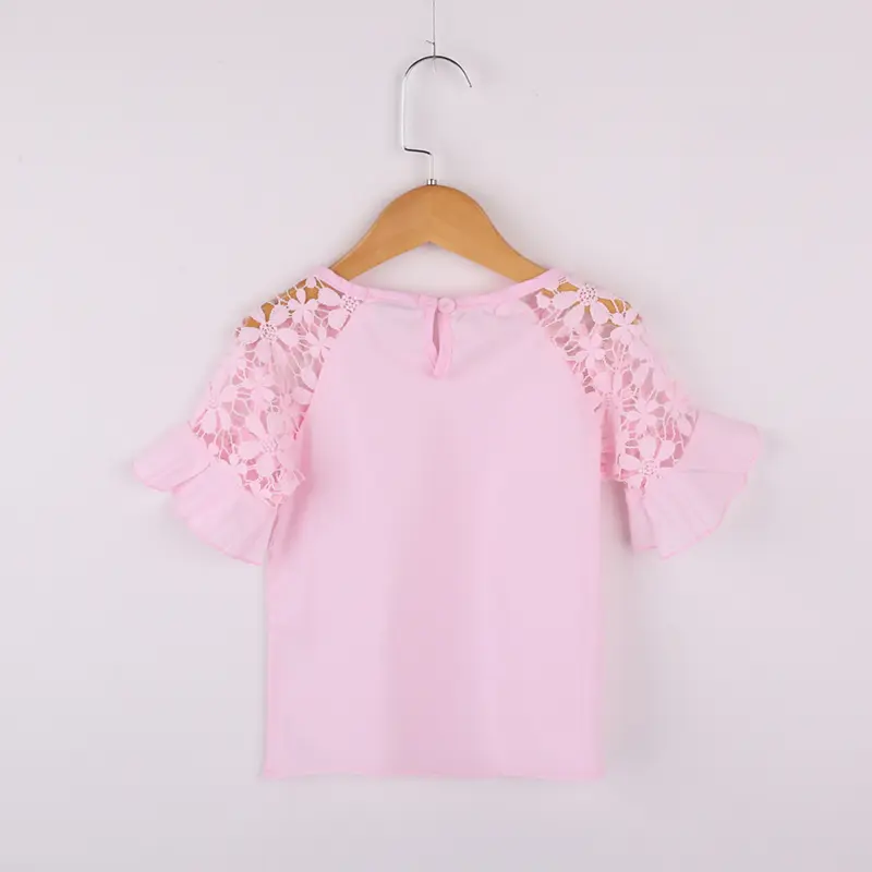 Summer Girl's Cute Peter Pan Collar Ruffle Short Sleeve Top with Cut-out Flowers Fresh Princess Style Children's Clothing