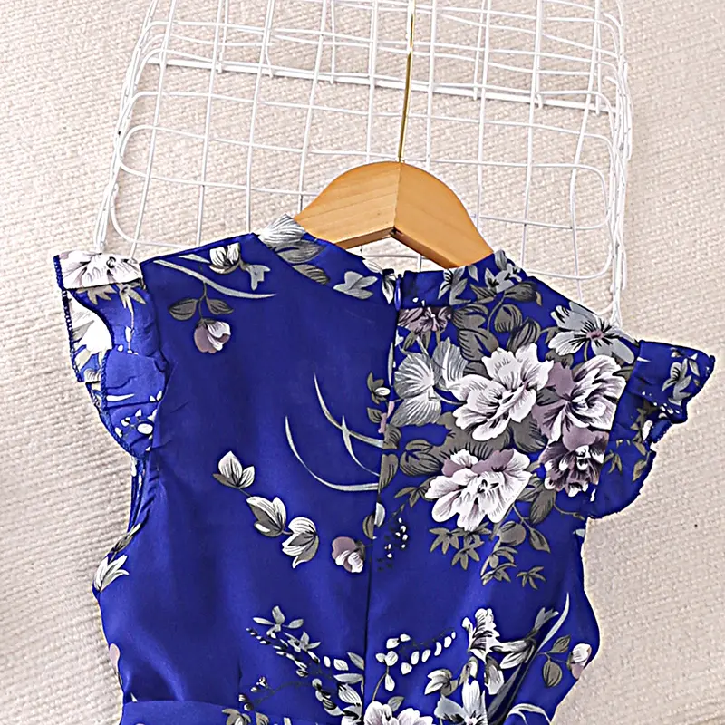 Children's Dress For Girls 5-12 Years Versatile Fashion Style Floral Print Fly-sleeve Pleated Dress