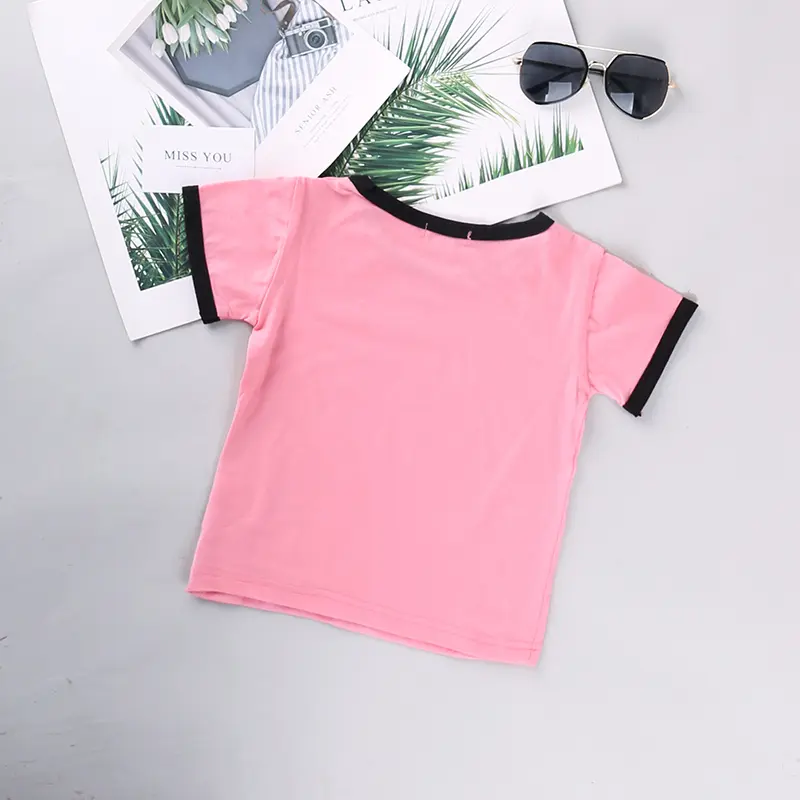 Little Girl's Short-Sleeved Casual T-Shirt Black Pink with Contrast Lettering Sweet Everyday Street Style for Kids