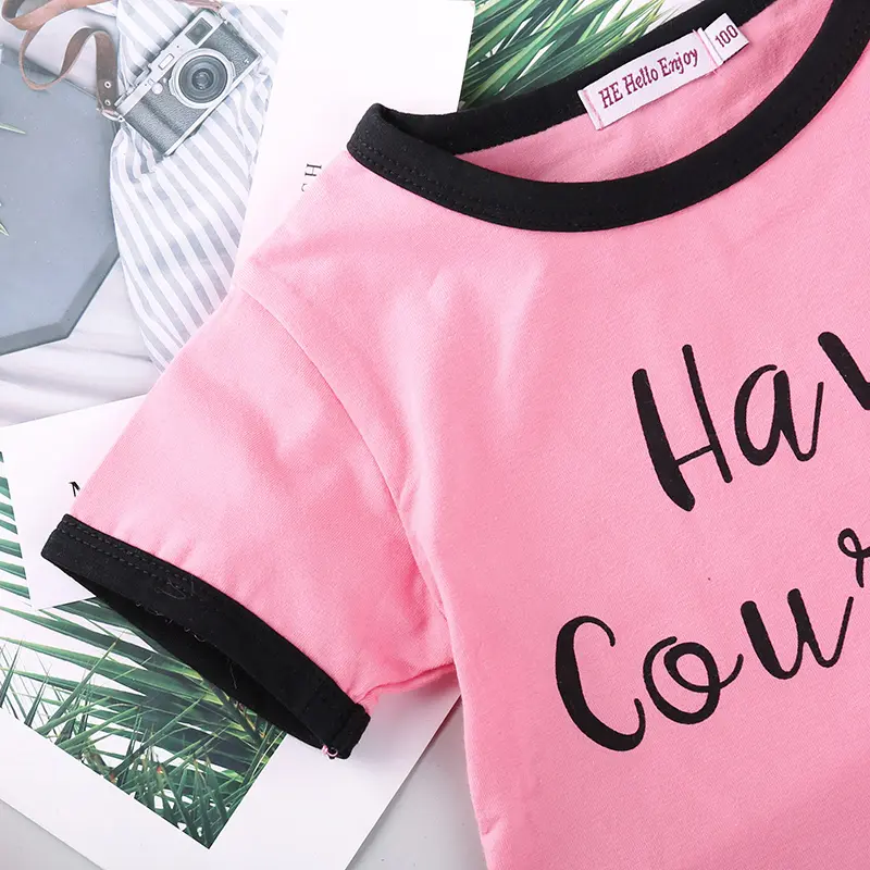 Little Girl's Short-Sleeved Casual T-Shirt Black Pink with Contrast Lettering Sweet Everyday Street Style for Kids