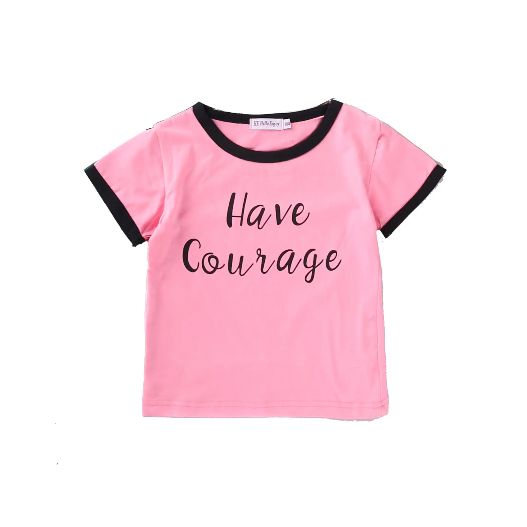 Little Girl's Short-Sleeved Casual T-Shirt Black Pink with Contrast Lettering Sweet Everyday Street Style for Kids