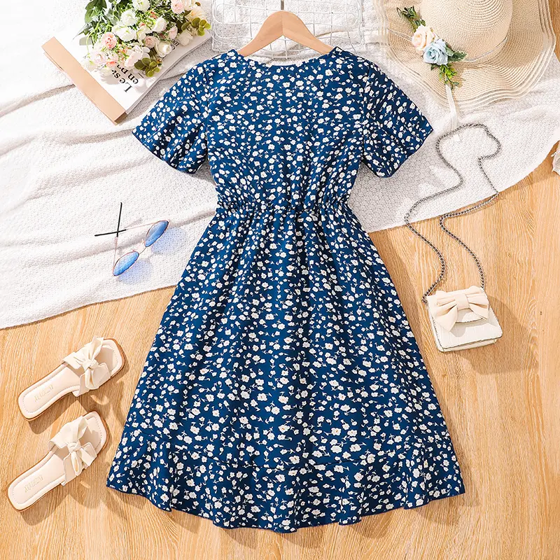 Kids Summer Girls 8-12 Years Old Dark Blue White Amall Floral Short-sleeved Dress Elegant And Comfortable Dress
