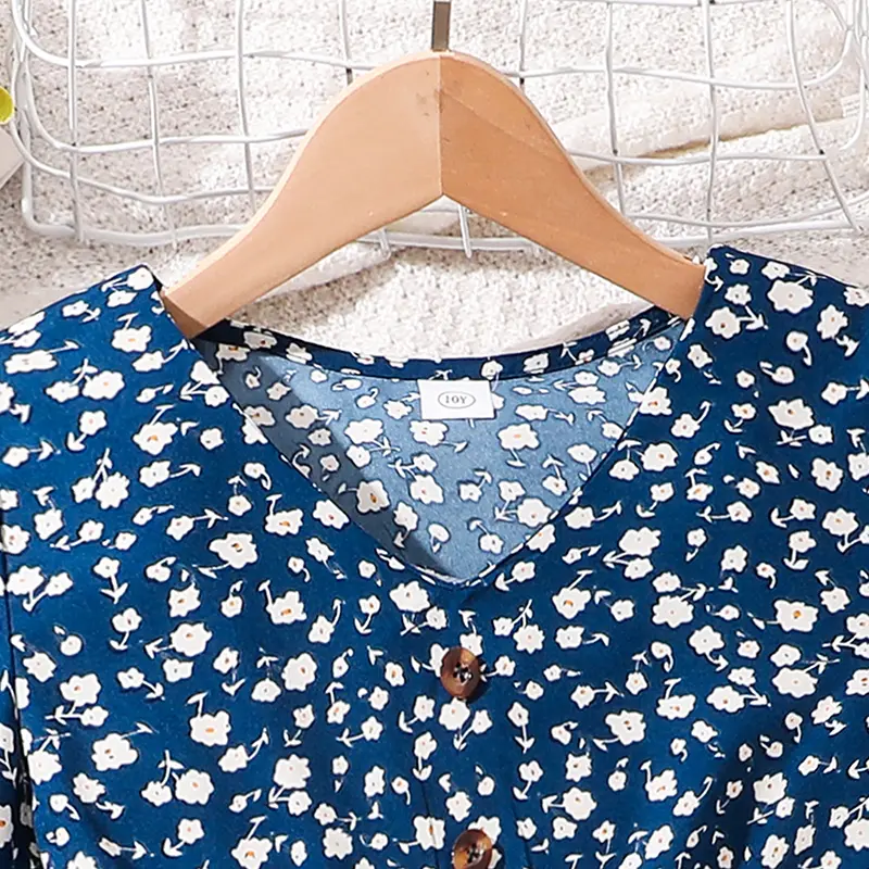 Kids Summer Girls 8-12 Years Old Dark Blue White Amall Floral Short-sleeved Dress Elegant And Comfortable Dress