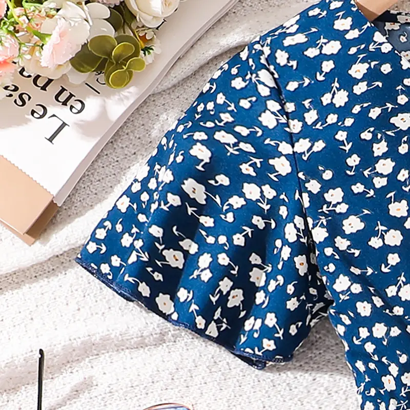 Kids Summer Girls 8-12 Years Old Dark Blue White Amall Floral Short-sleeved Dress Elegant And Comfortable Dress