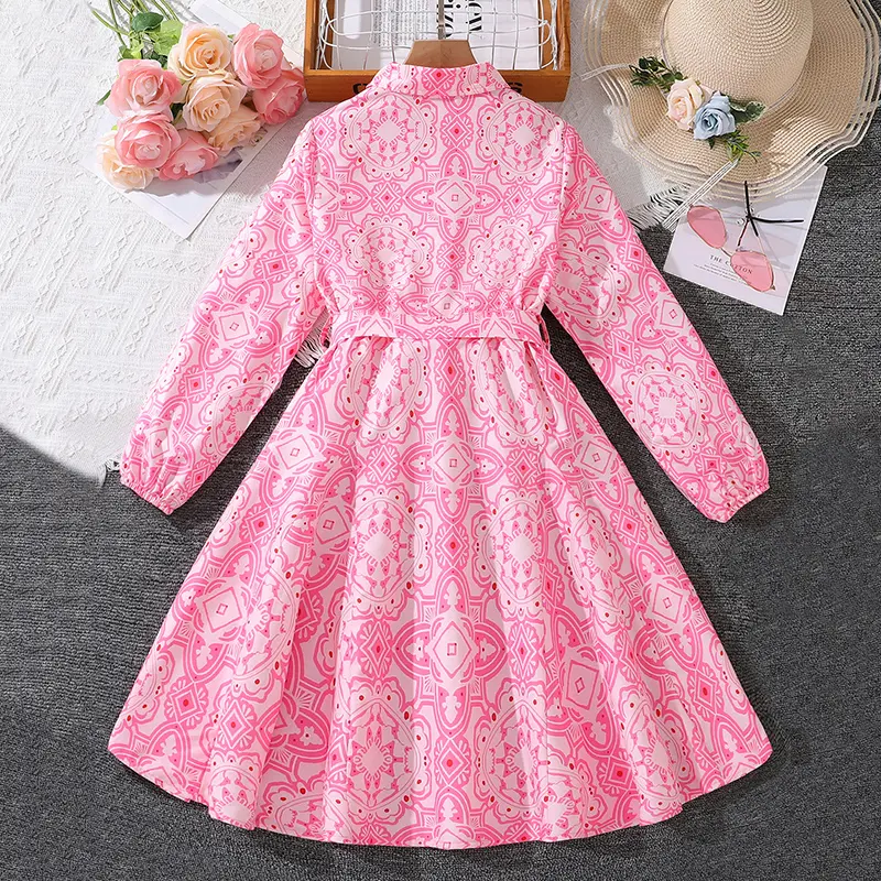 8-12 year old girl's dressSpring fall Everyday casual pink geometric print knee-length skirt with belt sweet girly
