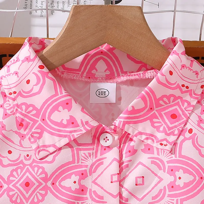 8-12 year old girl's dressSpring fall Everyday casual pink geometric print knee-length skirt with belt sweet girly