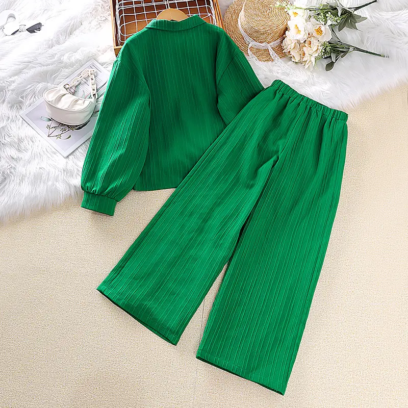 Girls Sets 8-12 Years Green Long-Sleeved Top + Green Pants For Girls Korean Style Suits Summer Casual Clothes Sets