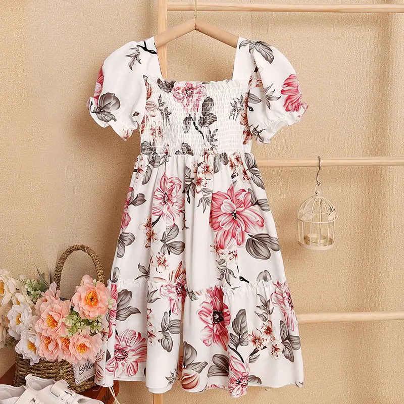 Summer 8-12 Girls' DressSuitably Cute Square Neck Puff Sleeve Floral Knee Length DressElegantly Fresh Everyday
