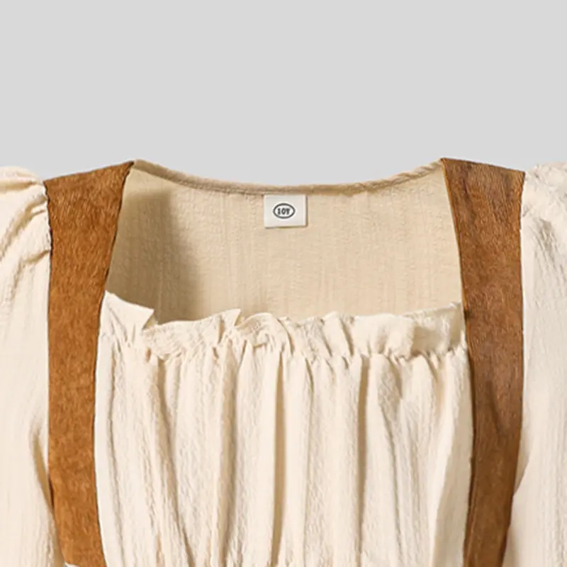 2025 New Girls Autumn Dress Solid Color Beige Square Collar Long Sleeve Corset Strappy A-Line Dress For Girls 8-12 Years Frenchy