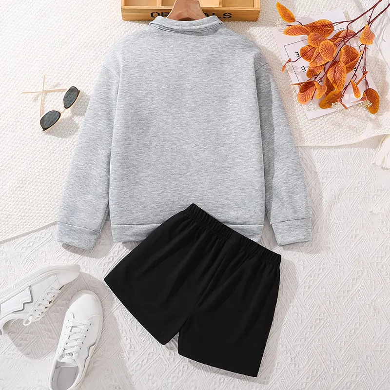 Kids Clothes Sets For Girls 8-12 Years Grey Letter Long Sleeve Top And Black Shorts Simple Classic Design Sports Causal Style