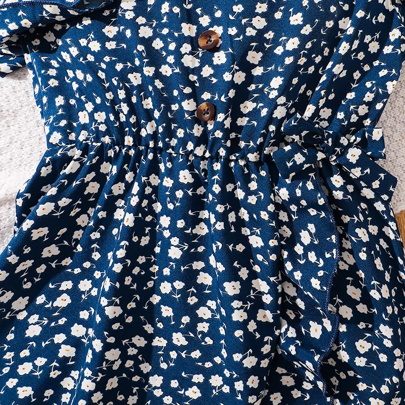 Kids Summer Girls 8-12 Years Old Dark Blue White Amall Floral Short-sleeved Dress Elegant And Comfortable Dress