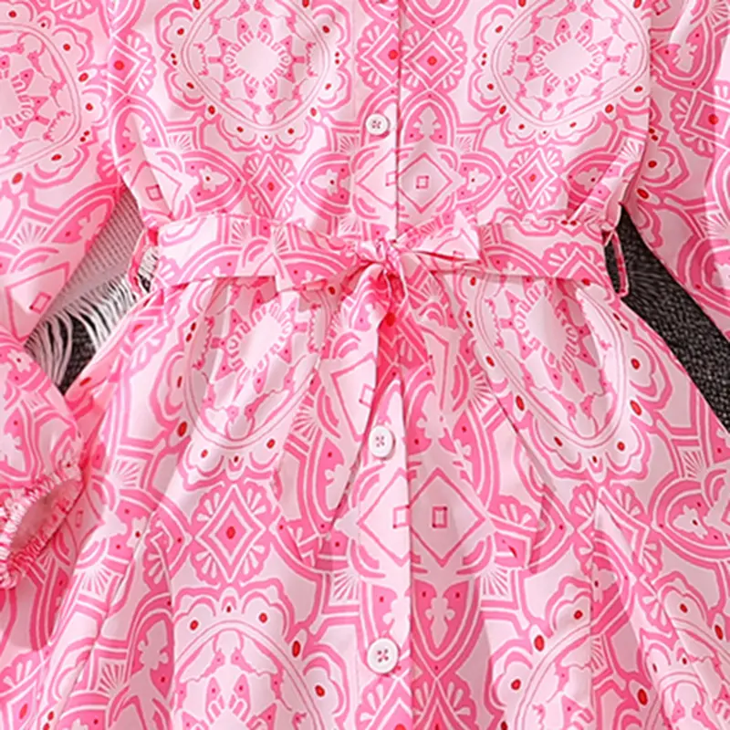 8-12 year old girl's dressSpring fall Everyday casual pink geometric print knee-length skirt with belt sweet girly