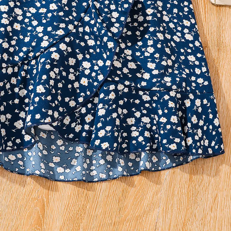 Kids Summer Girls 8-12 Years Old Dark Blue White Amall Floral Short-sleeved Dress Elegant And Comfortable Dress