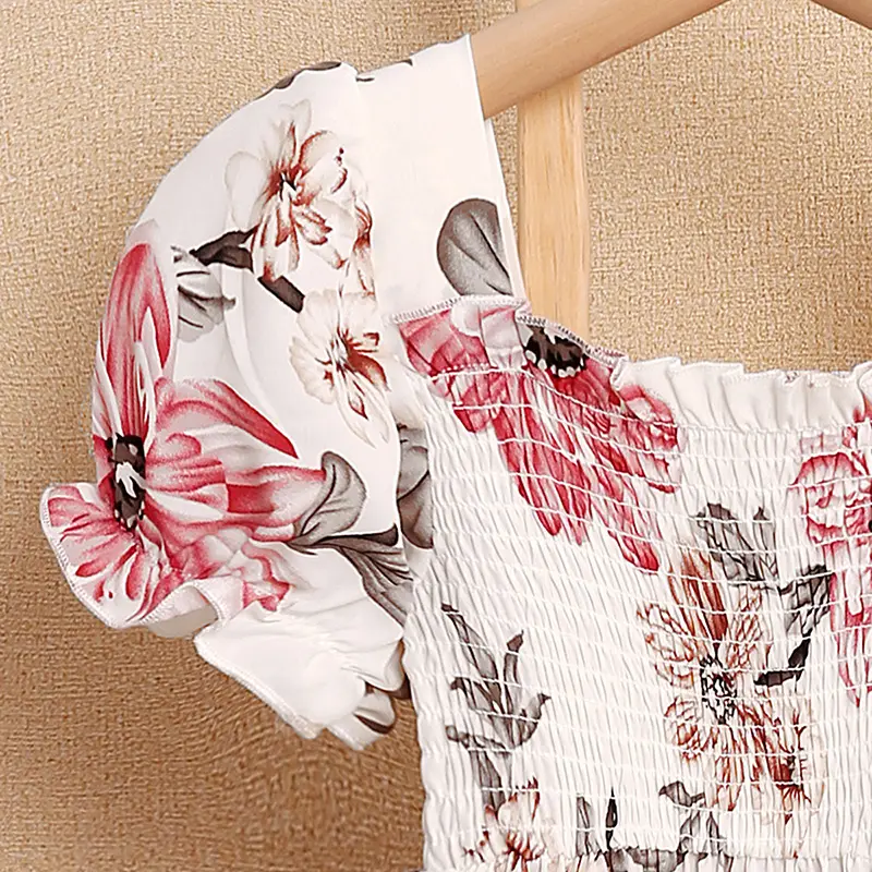 Summer 8-12 Girls' DressSuitably Cute Square Neck Puff Sleeve Floral Knee Length DressElegantly Fresh Everyday