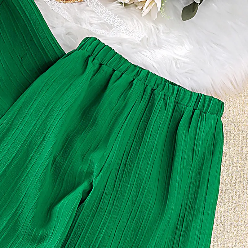 Girls Sets 8-12 Years Green Long-Sleeved Top + Green Pants For Girls Korean Style Suits Summer Casual Clothes Sets