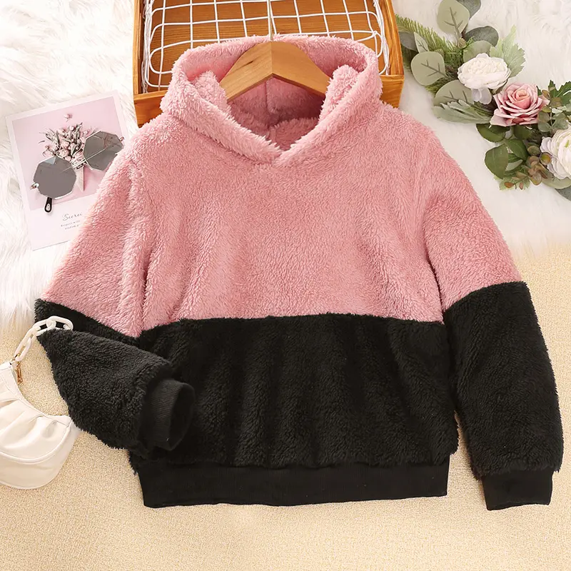 Winter Sweatshirt for 8-12 year old girls trendy and cute everyday sweatshirt in black and pink patchwork short furry fleece