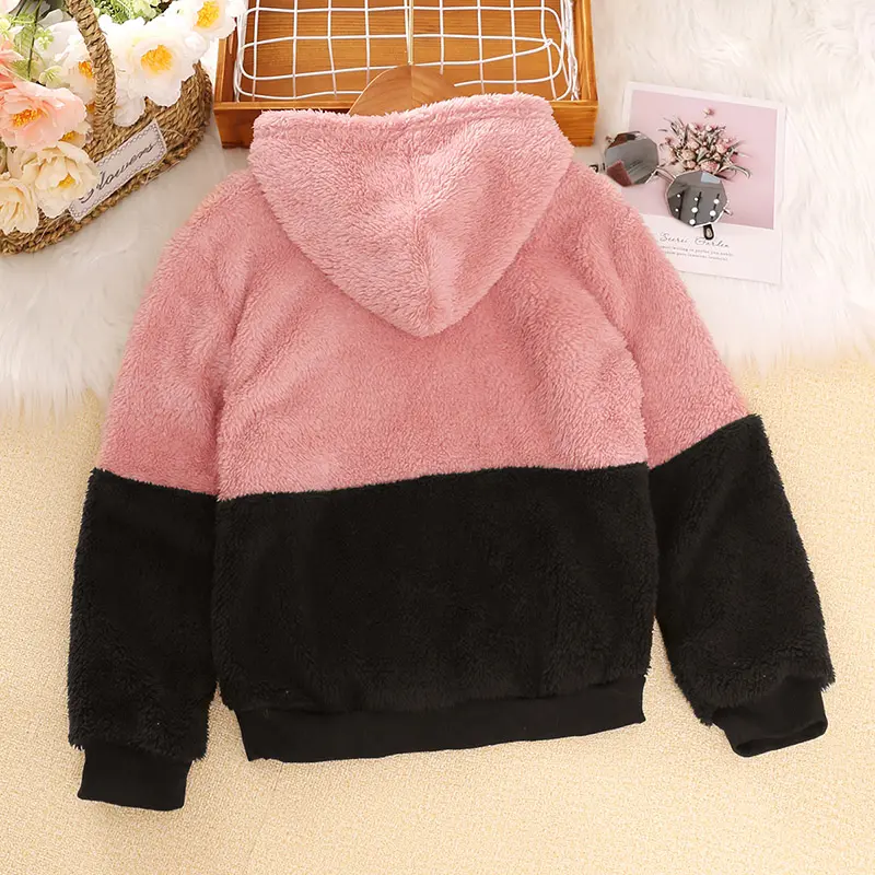 Winter Sweatshirt for 8-12 year old girls trendy and cute everyday sweatshirt in black and pink patchwork short furry fleece