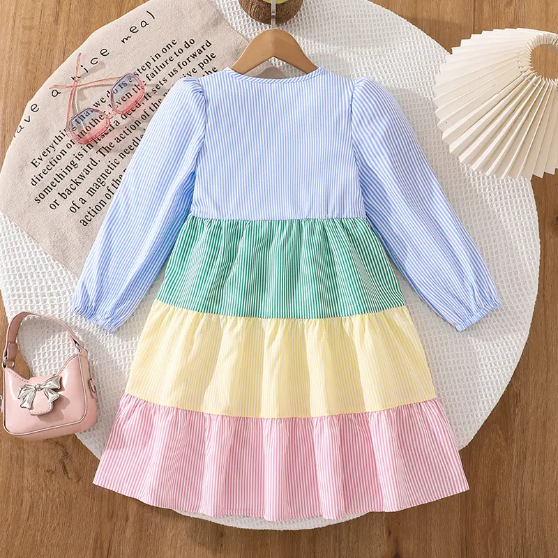 Girls' Sweet Cute Dress 4-7 Years round Neck Puff Long Sleeves Multi-Colored Patchwork Skirt Spring Summer Refreshing
