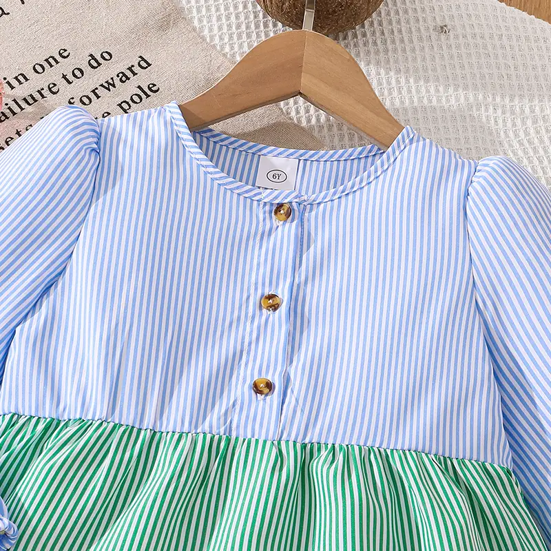 Girls' Sweet Cute Dress 4-7 Years round Neck Puff Long Sleeves Multi-Colored Patchwork Skirt Spring Summer Refreshing