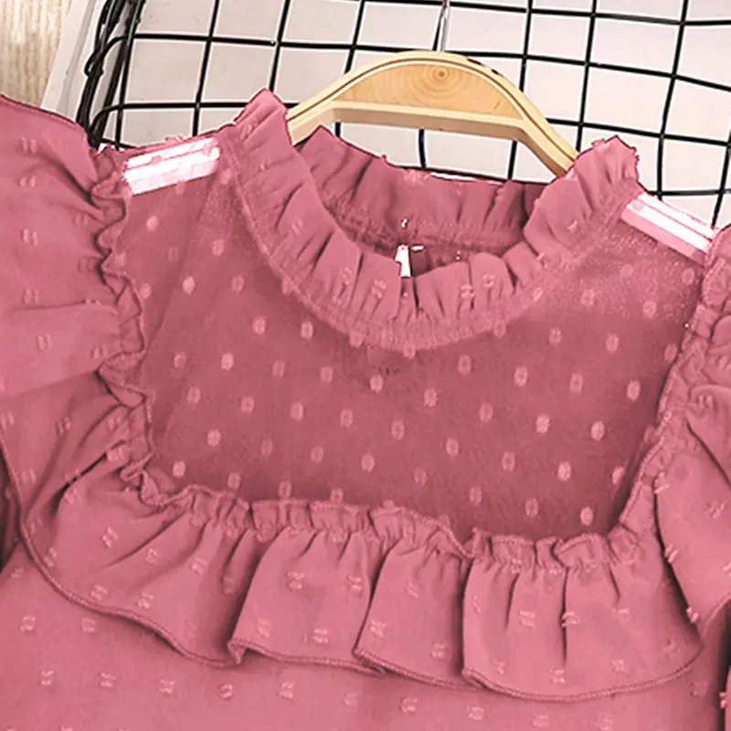 Girl's Spring Autumn Suit Solid Color Long Sleeve Lace Hollowed Out Pleated Top And Belt Button Decorated Short Skirt Casual Set