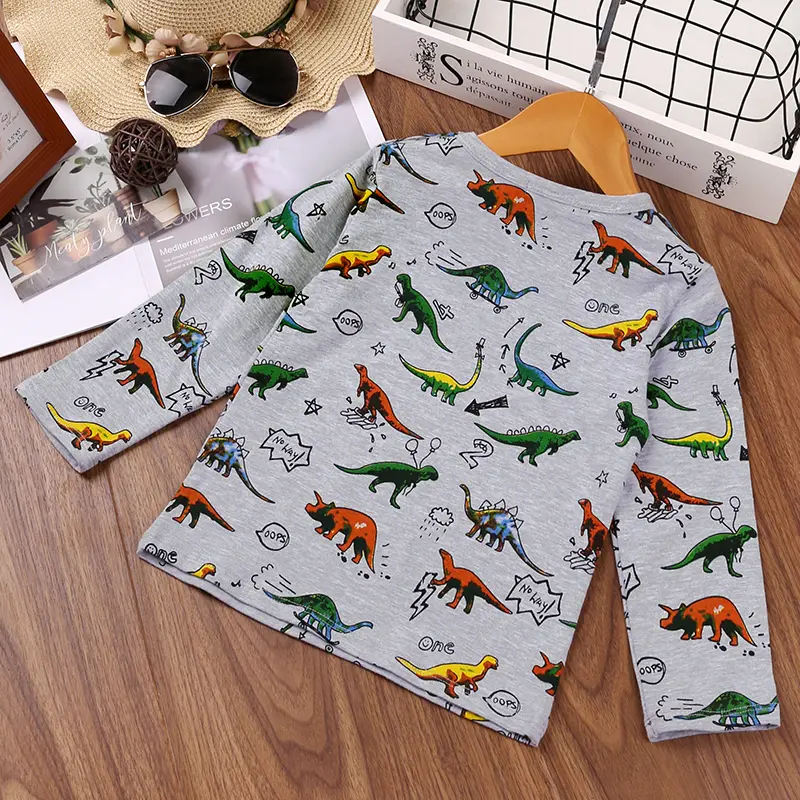 Boys' Grey Long Sleeve T-Shirt Base Layer Spring Fall Casual Everyday with Little Dinosaur Print Basic Simple Design