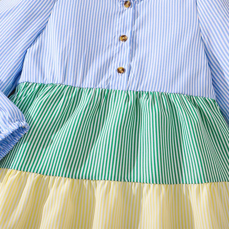 Girls' Sweet Cute Dress 4-7 Years round Neck Puff Long Sleeves Multi-Colored Patchwork Skirt Spring Summer Refreshing