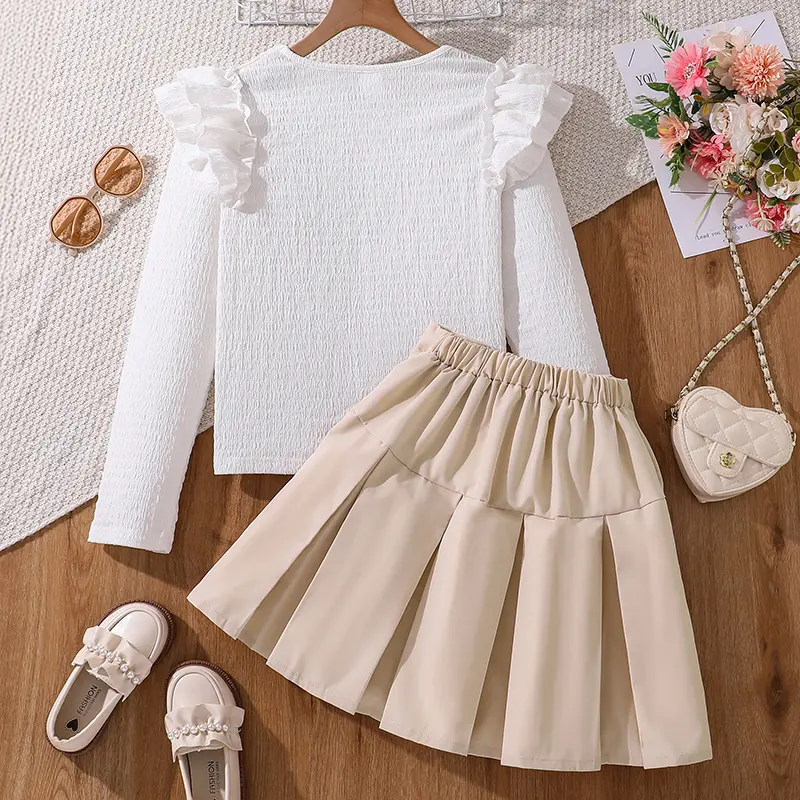 Kids Fashion Clothes Sets For Girls White Long-Sleeved Top And Beige Skirt Elegant Vacation Holiday Party Dress Graduation Suit