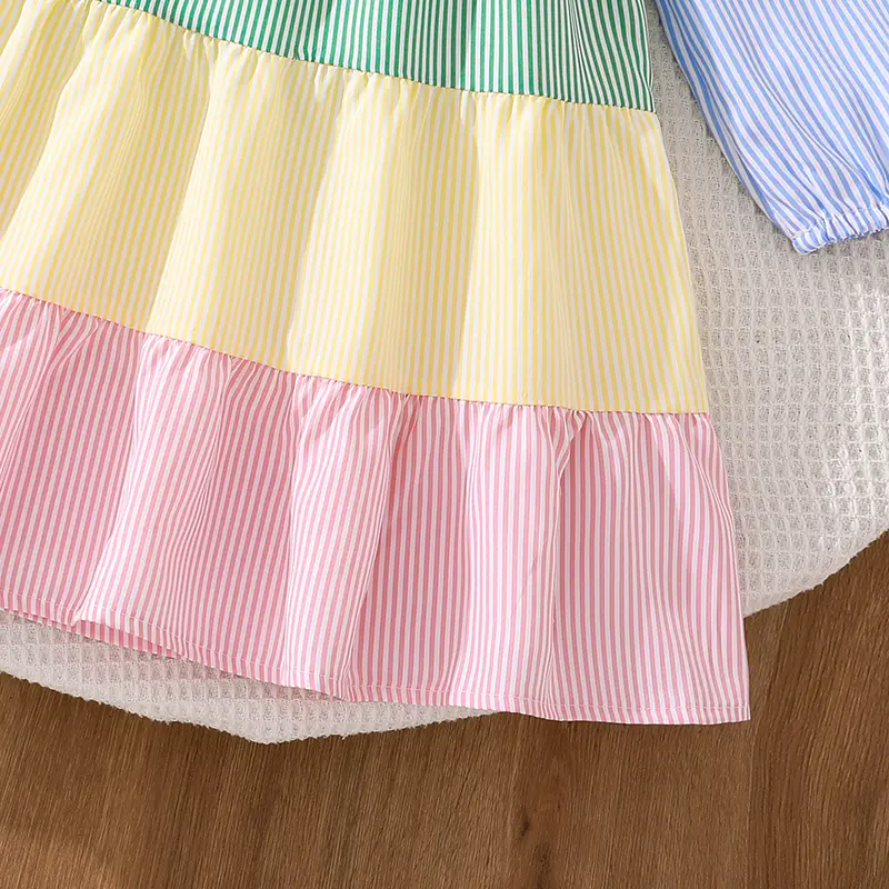 Girls' Sweet Cute Dress 4-7 Years round Neck Puff Long Sleeves Multi-Colored Patchwork Skirt Spring Summer Refreshing