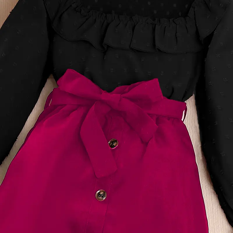 Girl's Spring Autumn Suit Solid Color Long Sleeve Lace Hollowed Out Pleated Top And Belt Button Decorated Short Skirt Casual Set