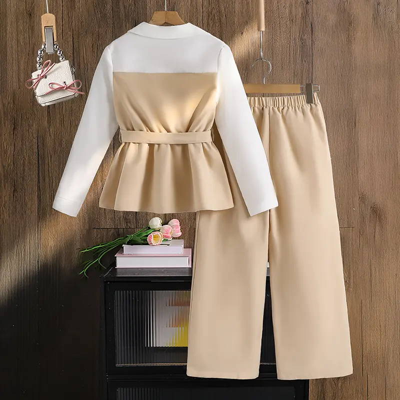 Autumn New 2PCS Kids Clothing Girls Suit Khaki V-Neck Long Sleeve Patchwork & Khaki Pants For Girls 8-12 Years Korean Style