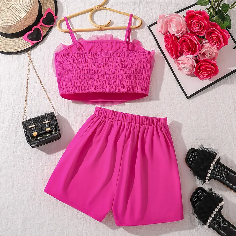 Girls Clothing Sets Hot Pink Outfit Summer OOTD Sweet Style Tulle Flower Trim Crop-Top & Bow Culottes Adorable Party Dating Suit