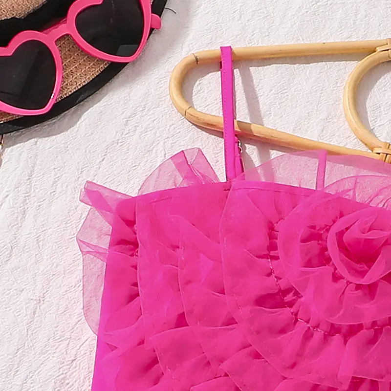 Girls Clothing Sets Hot Pink Outfit Summer OOTD Sweet Style Tulle Flower Trim Crop-Top & Bow Culottes Adorable Party Dating Suit
