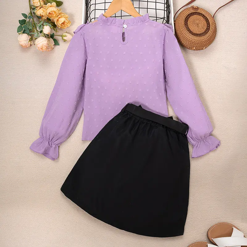 Girl's Spring Autumn Suit Solid Color Long Sleeve Lace Hollowed Out Pleated Top And Belt Button Decorated Short Skirt Casual Set