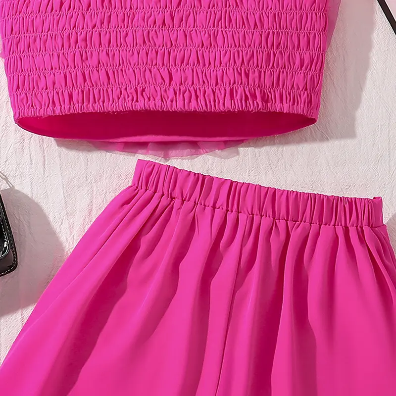 Girls Clothing Sets Hot Pink Outfit Summer OOTD Sweet Style Tulle Flower Trim Crop-Top & Bow Culottes Adorable Party Dating Suit