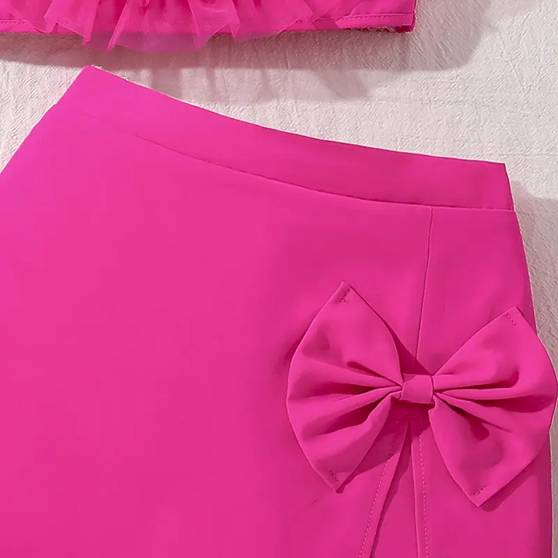 Girls Clothing Sets Hot Pink Outfit Summer OOTD Sweet Style Tulle Flower Trim Crop-Top & Bow Culottes Adorable Party Dating Suit