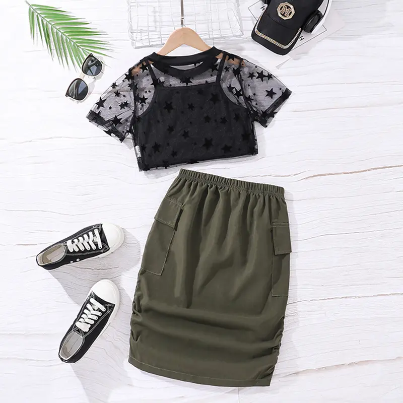 Children's Summer 8-12 Year Old Girls Black Stars Tulle Short Sleeve Black Halter With Military Green Skirt Set Korean Style