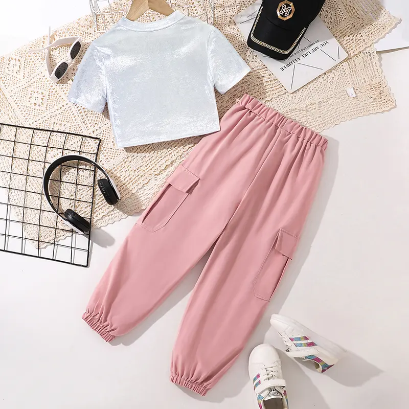 Girls Sets Silver Color T-shirt & Pink Cargo Harem Pants Kids Summer Outfit Trendy Kids Suits Fashion Clothing for Children OOTD