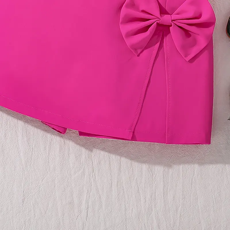 Girls Clothing Sets Hot Pink Outfit Summer OOTD Sweet Style Tulle Flower Trim Crop-Top & Bow Culottes Adorable Party Dating Suit