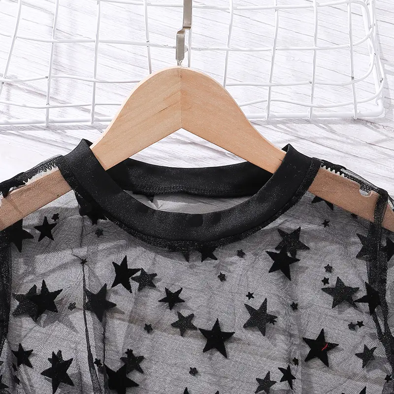 Children's Summer 8-12 Year Old Girls Black Stars Tulle Short Sleeve Black Halter With Military Green Skirt Set Korean Style